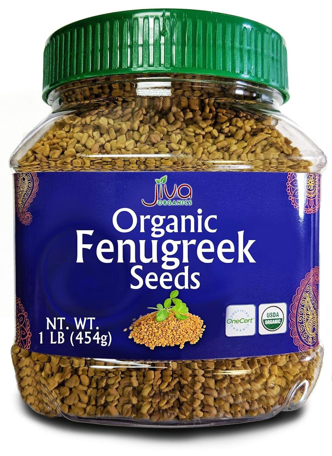 Jiva Organics fenugreek seeds jar highlighting premium spice for cooking and sprouting.