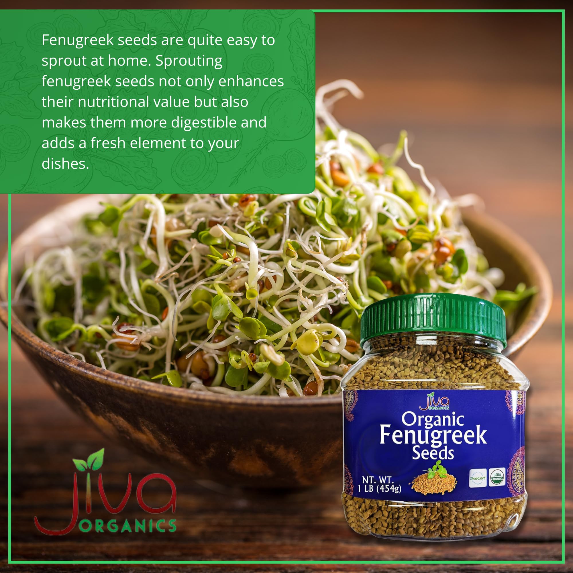 Jiva Organics fenugreek seeds on a spice rack for easy access.