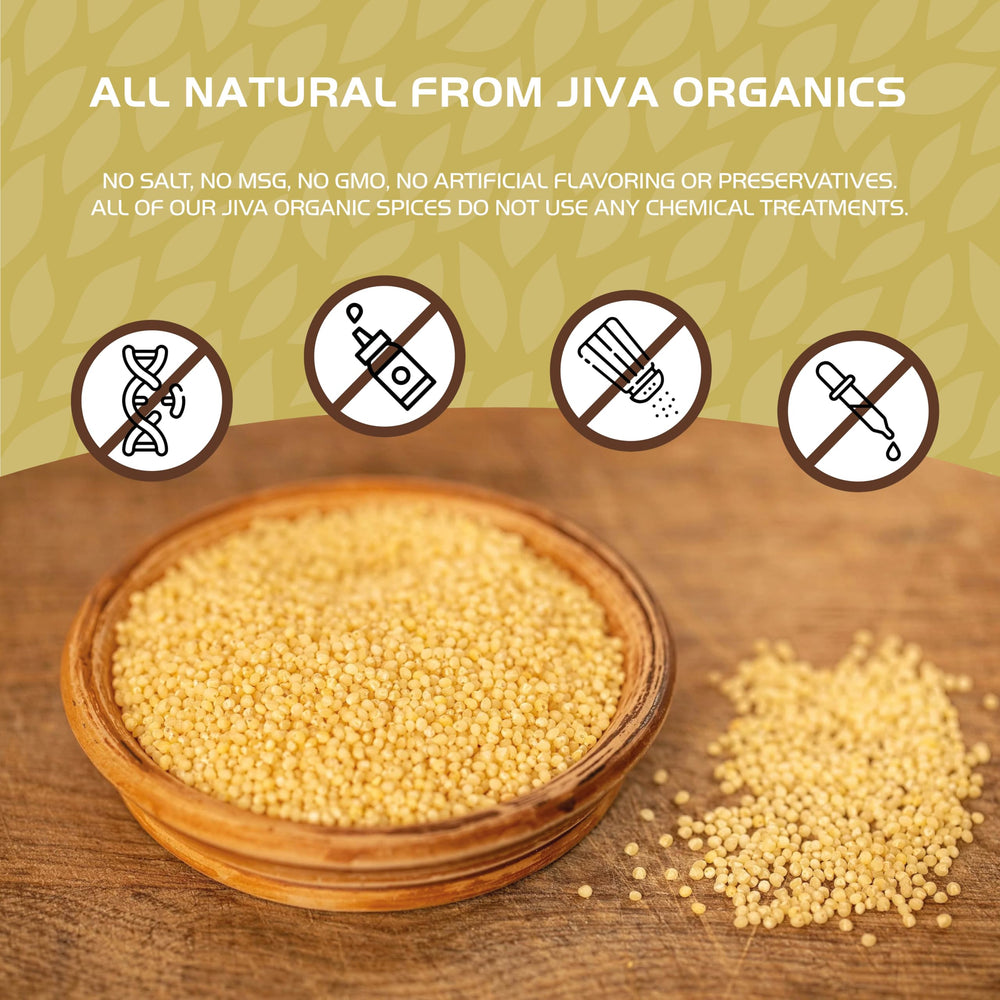 Nutrition facts close-up for Jiva Organics Foxtail Millet show protein, iron and fiber