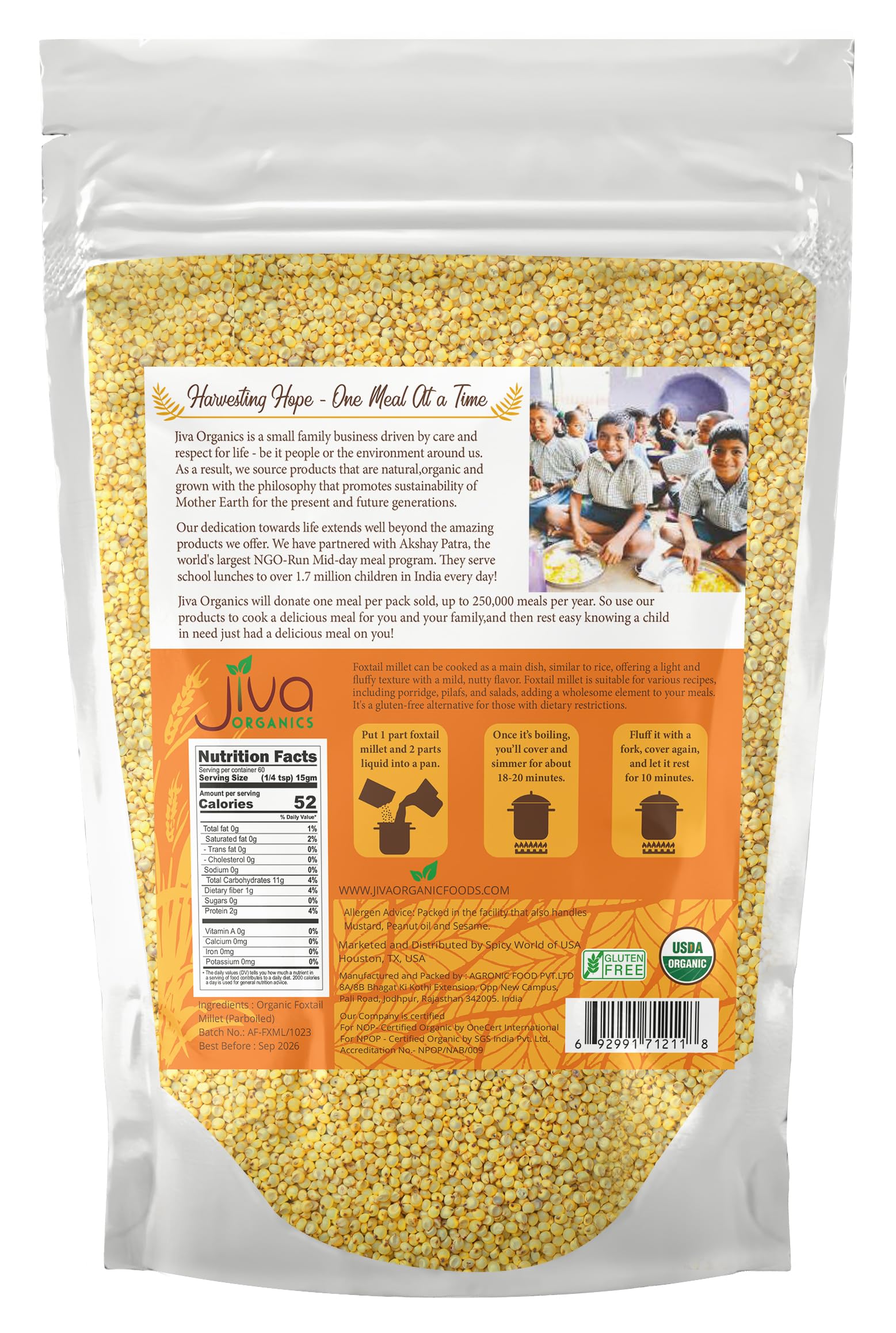Raw foxtail millet grains highlight protein and fiber in a healthy diet