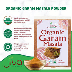Front-facing package of Jiva Organics Garam Masala on shelf