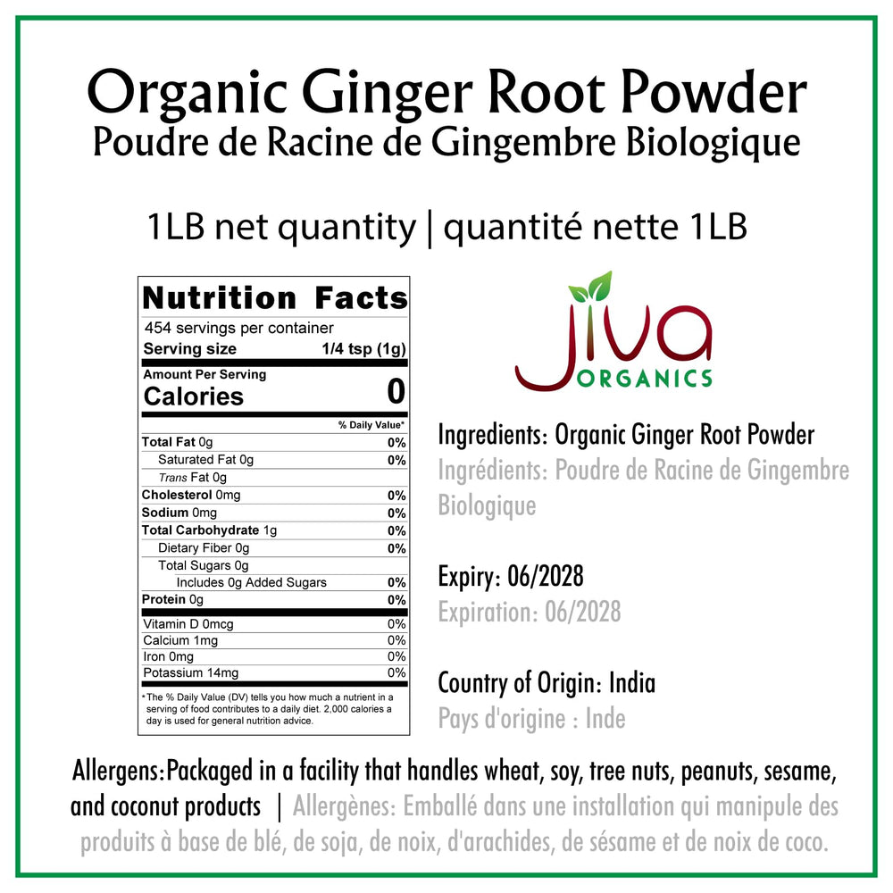 Jiva Organics ginger powder jar label closeup showing quality