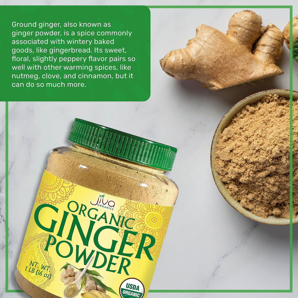 Jiva Organics ginger powder on spice rack in a pantry