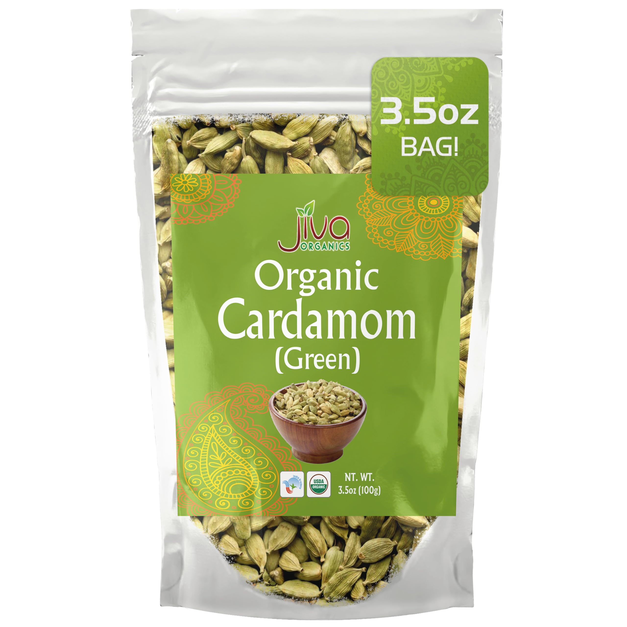 Jiva Organics green cardamom pods in a bag highlighting premium organic quality for beverages and cooking