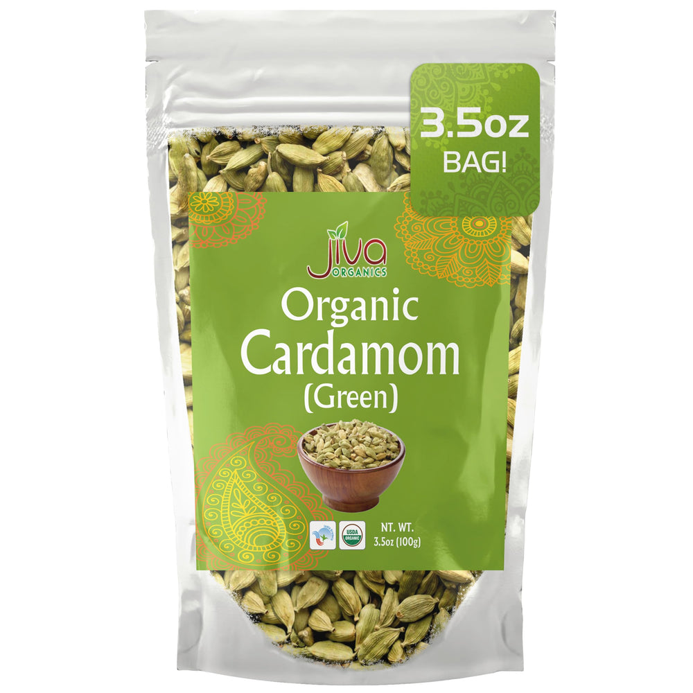 Jiva Organics green cardamom pods in a bag highlighting premium organic quality for beverages and cooking