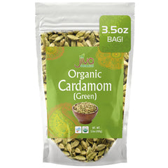 Jiva Organics green cardamom pods in a bag highlighting premium organic quality for beverages and cooking