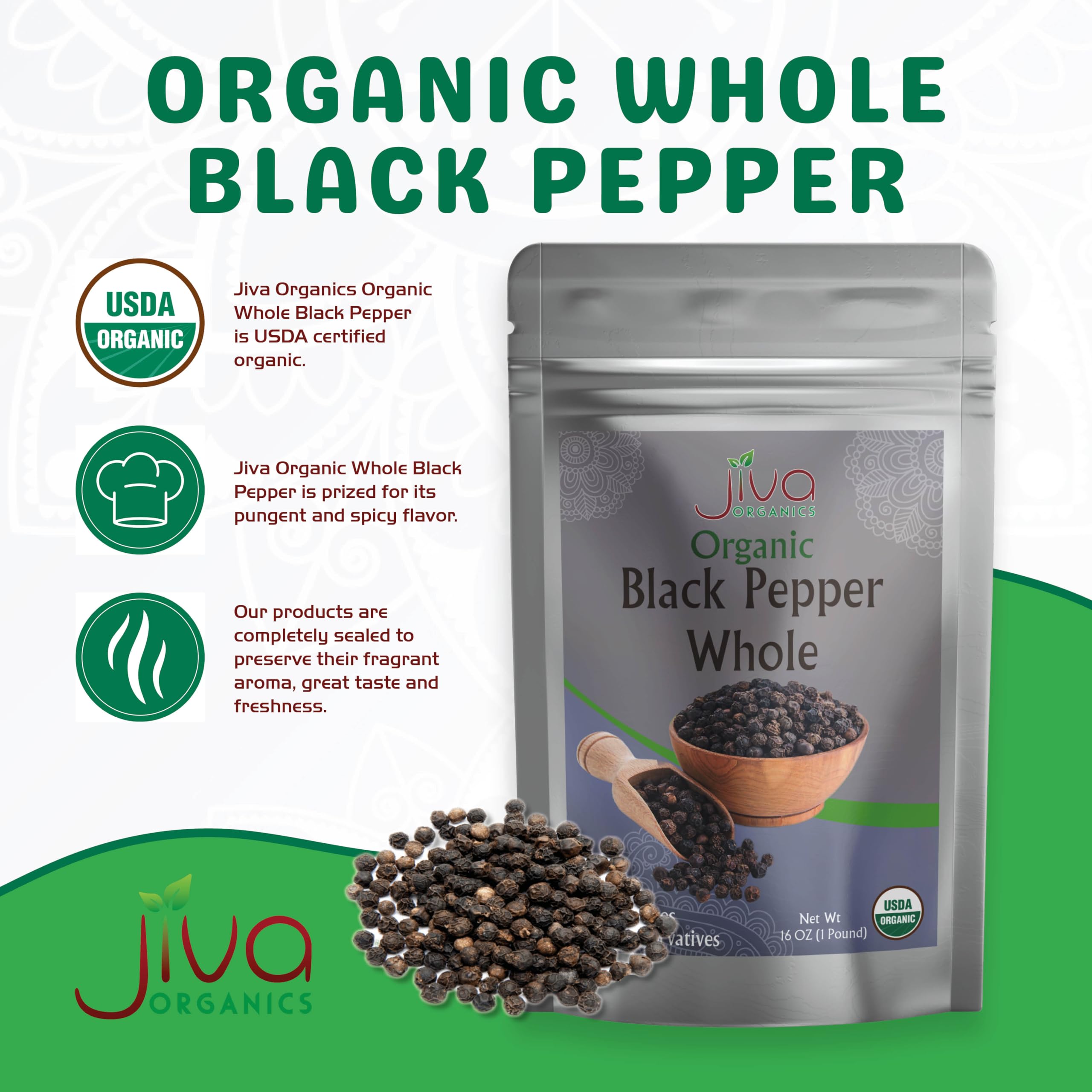 Jiva Organics peppercorns designed for grinder refills to enhance meals.