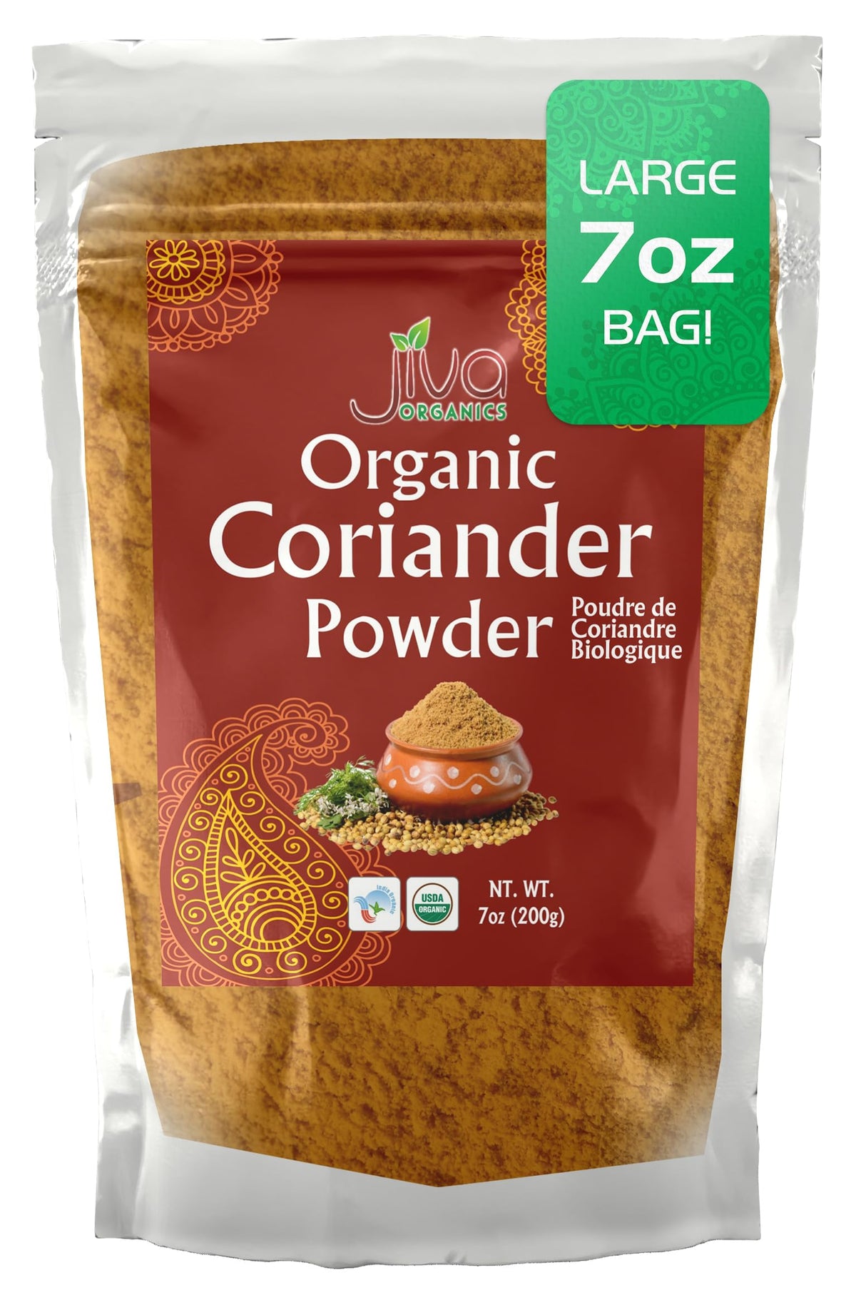 Jiva Organics ground coriander powder bottle shows pure aroma for vibrant dishes