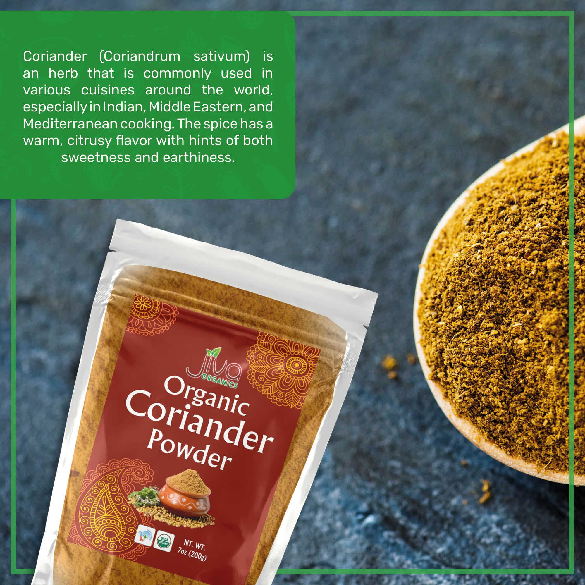 Jiva Organics coriander powder closeup emphasizes intense aroma for marinades
