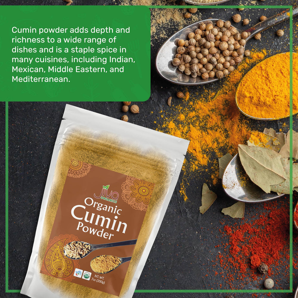 Jiva Organics ground cumin powder with a measuring spoon for precise seasoning
