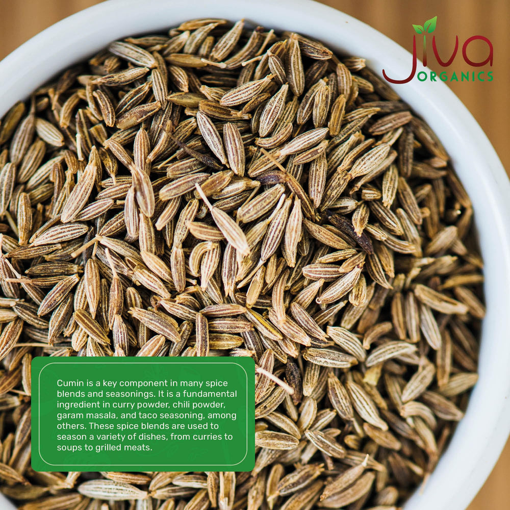 Jiva Organics ground cumin powder packaging on a display