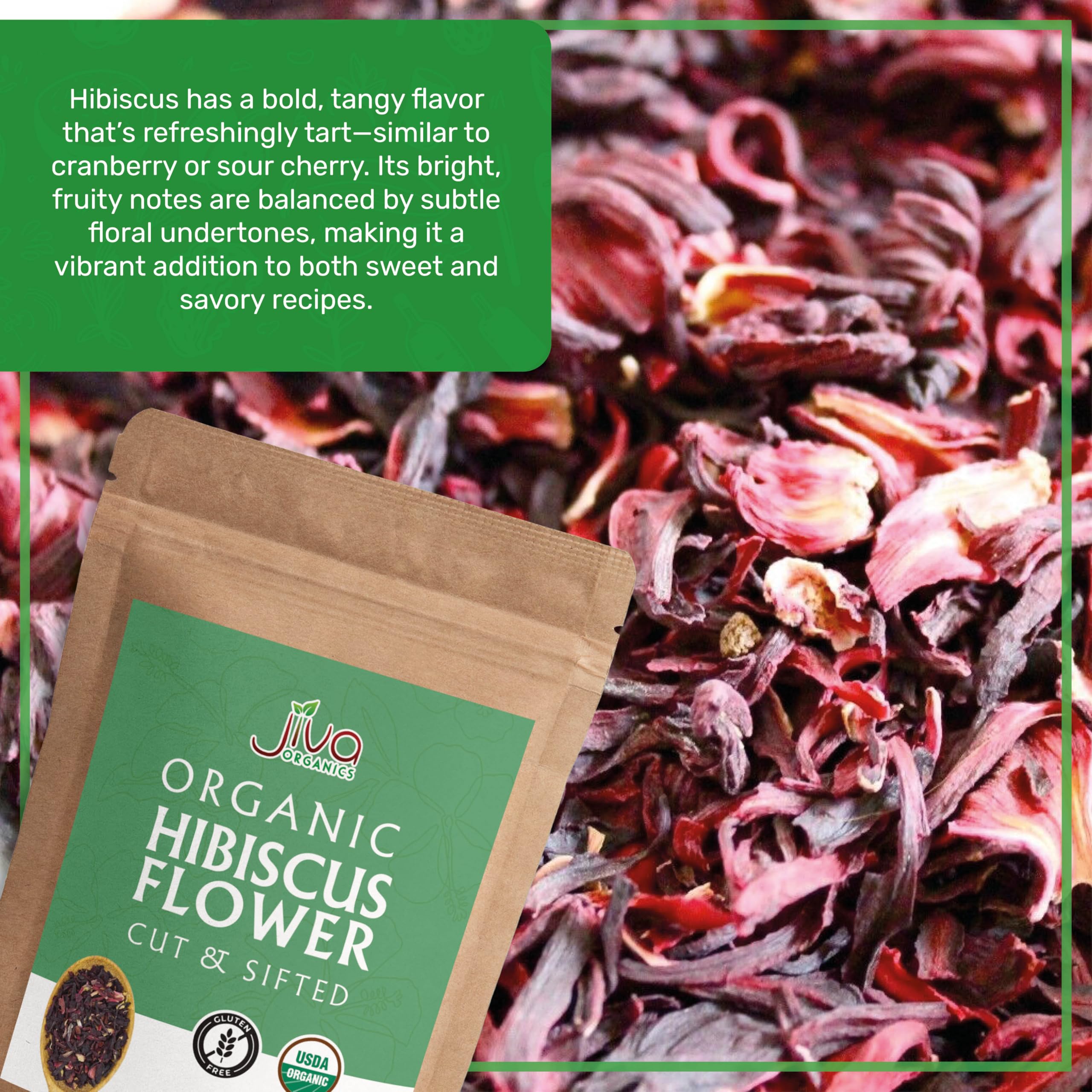 Jiva Organics 1 lb resealable bag keeps hibiscus fresh.