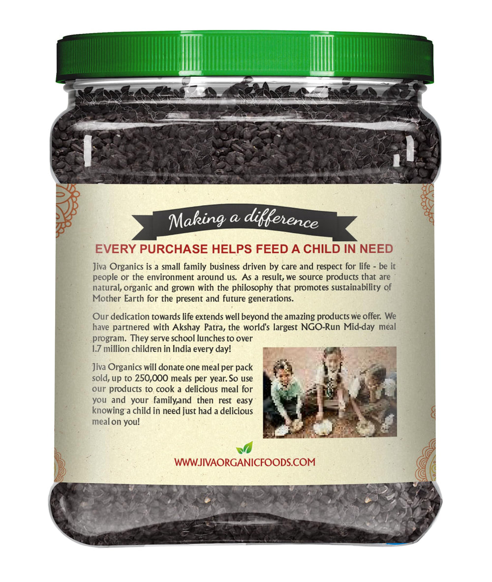 Jiva Organics Kalonji jar pouring seeds for quick flavor boost.