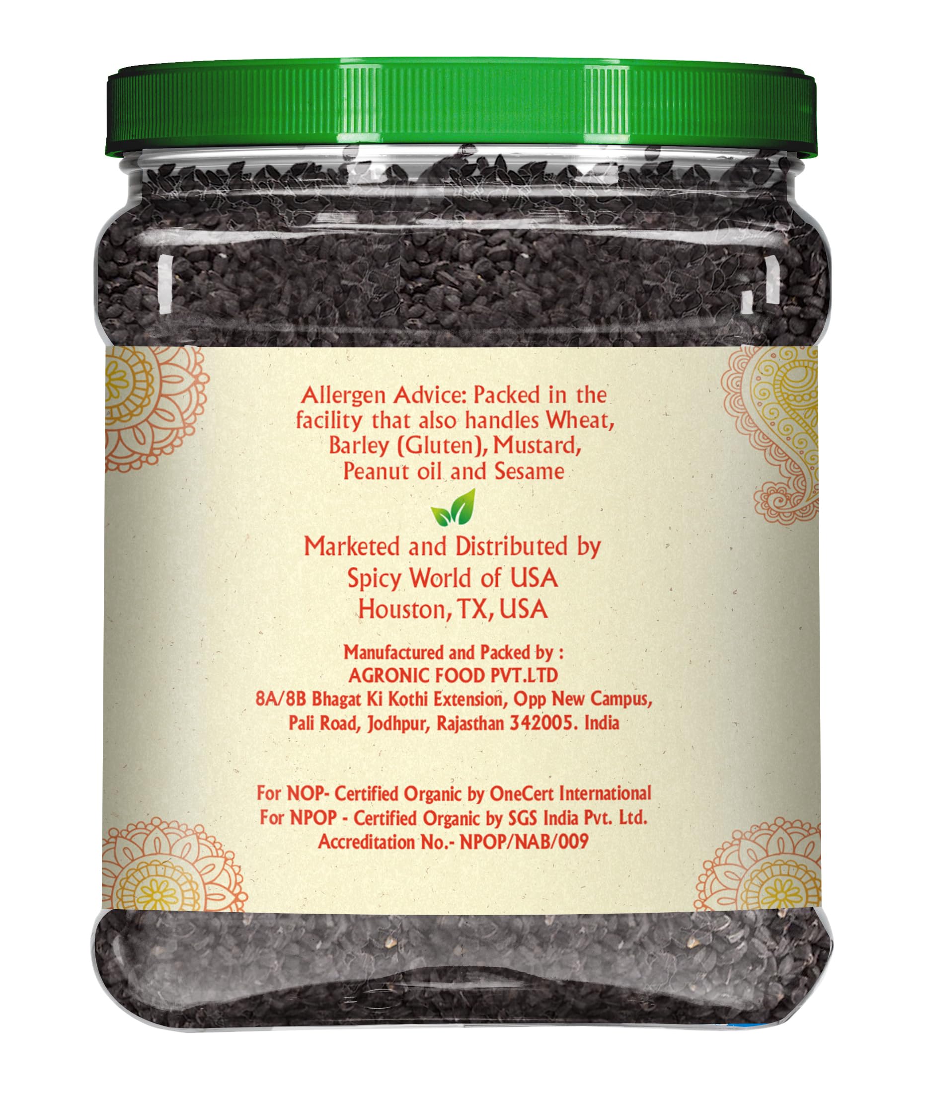 Jiva Organics Kalonji label on jar highlights organic, non-GMO seeds.