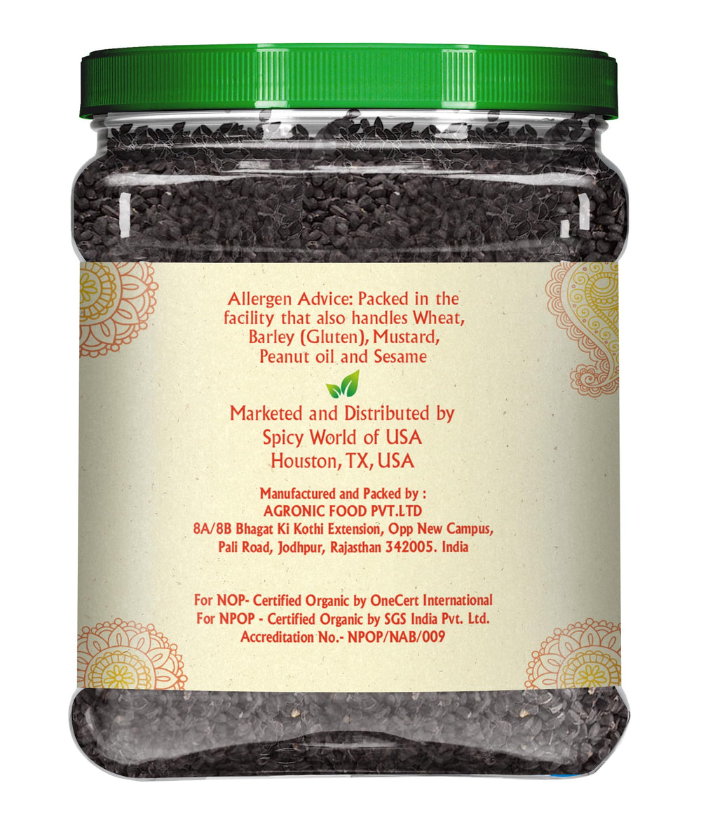 Jiva Organics Kalonji label on jar highlights organic, non-GMO seeds.
