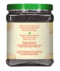 Jiva Organics Kalonji label on jar highlights organic, non-GMO seeds.