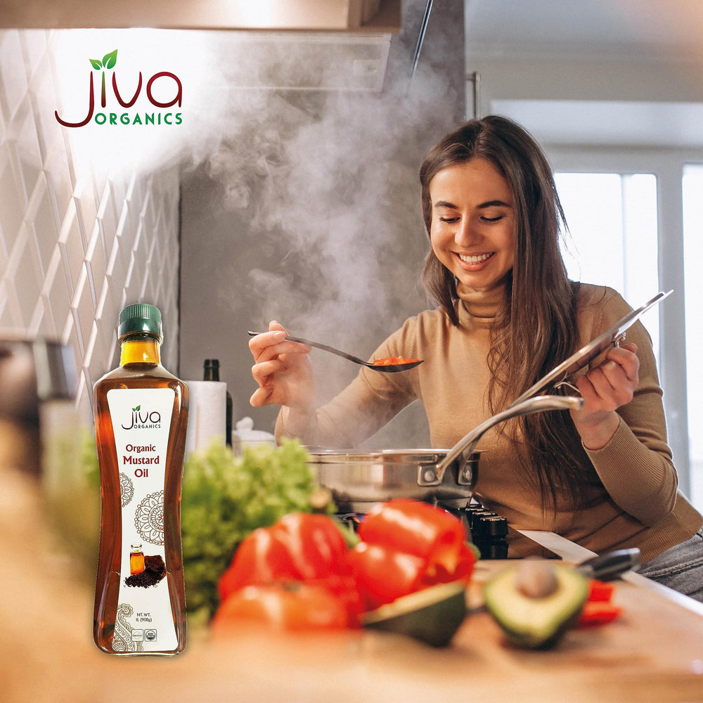 Jiva Organics mustard oil in kitchen-use context for versatile cooking