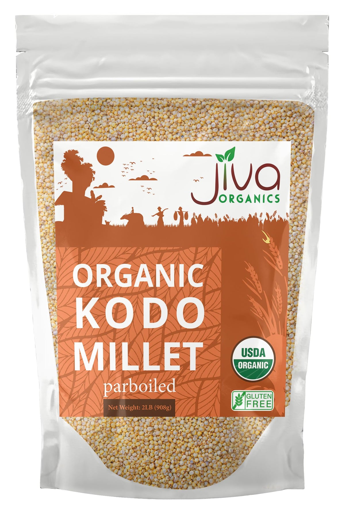 Jiva Organics Kodo Millet 2 lb bag showing gluten-free, high fiber grains