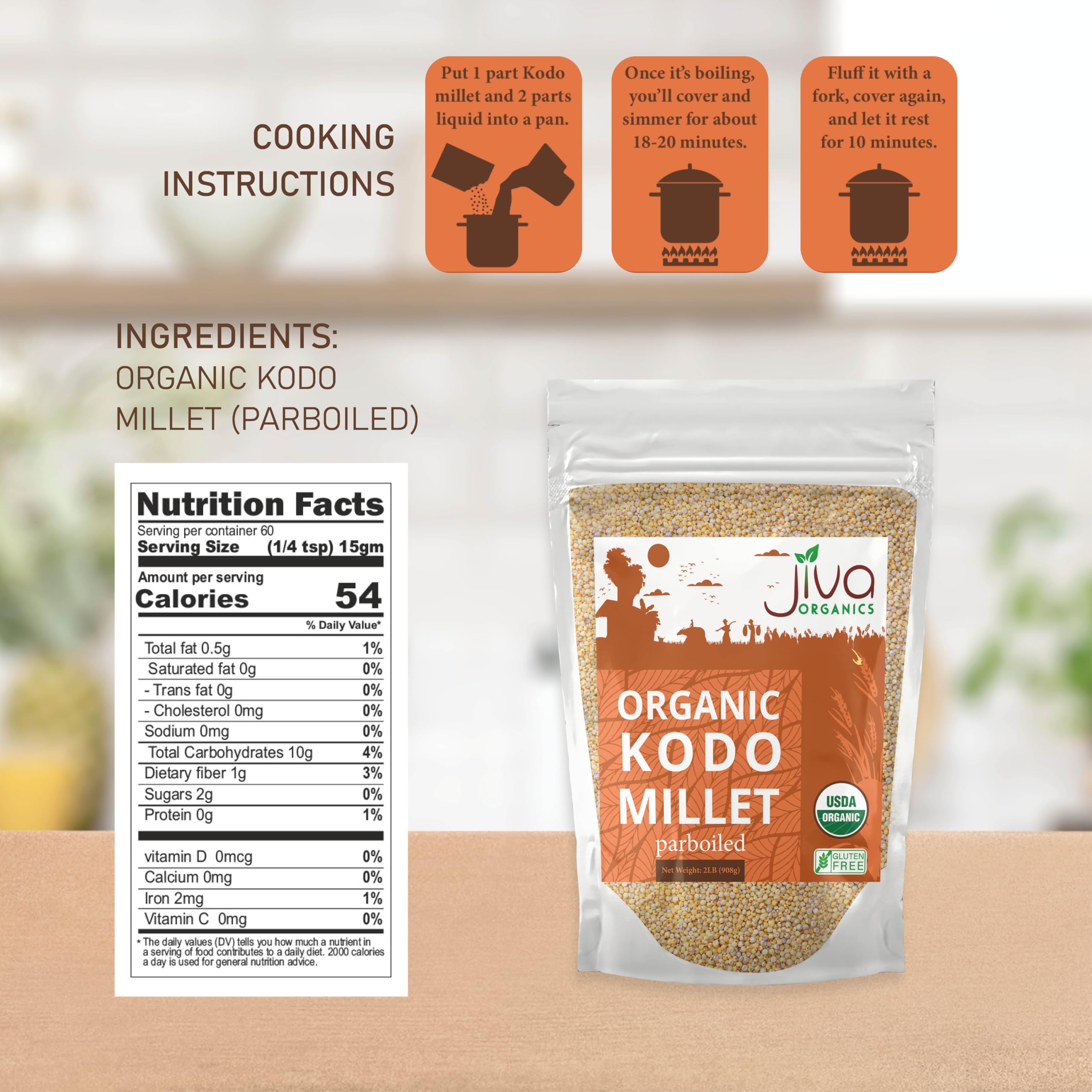 Packaging close-up of Jiva Organics Kodo Millet with organic seal