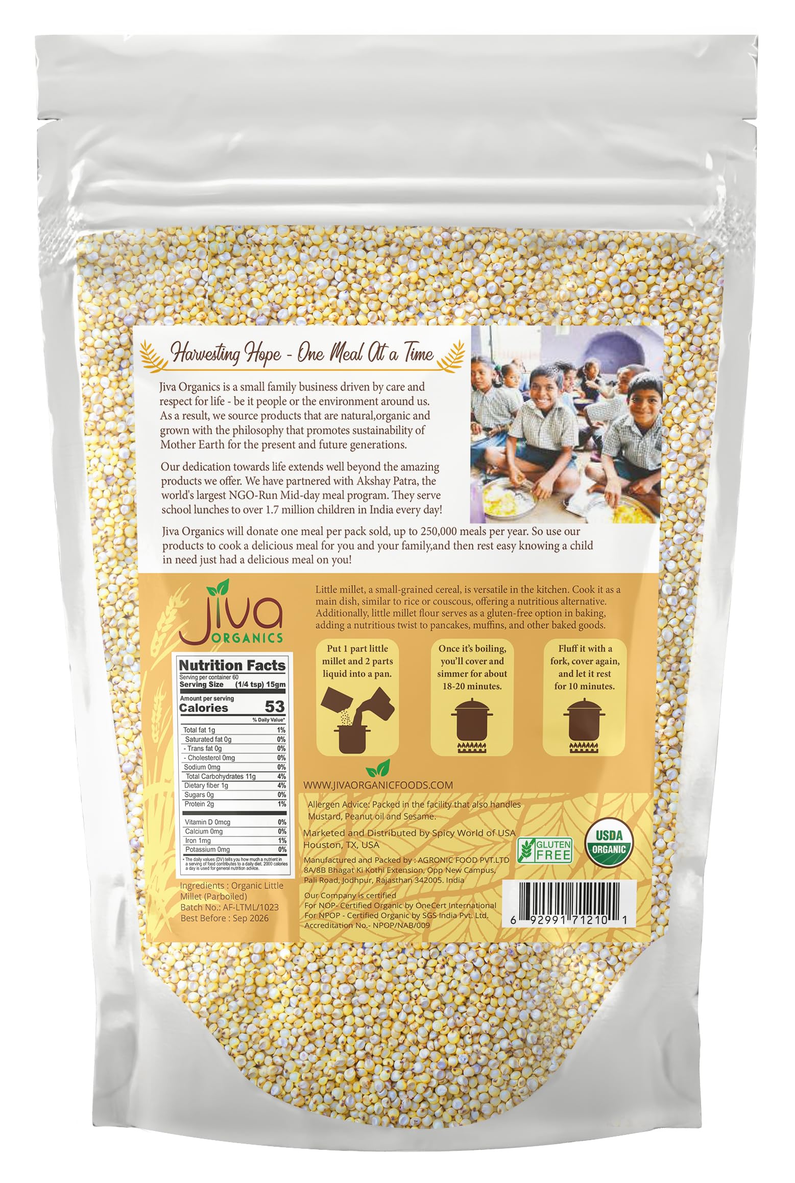 Cooked Jiva Organics Little Millet yields fluffy, nutty grains.