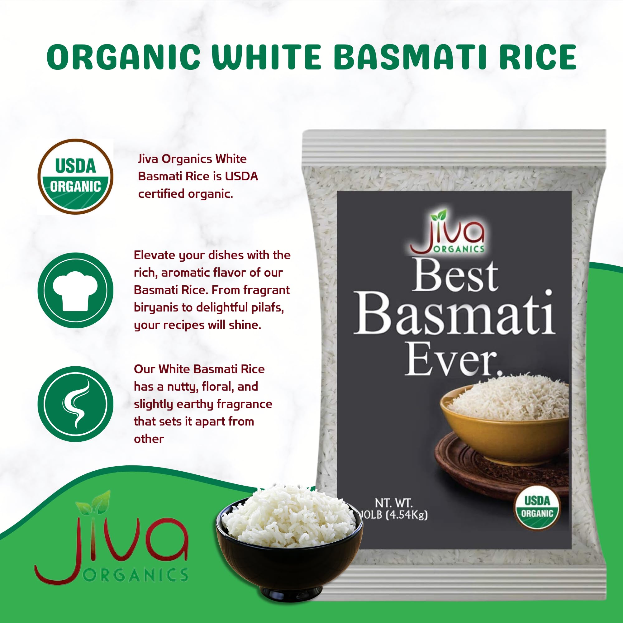 Jiva Organics long-grain basmati; uncooked with extra-long grains.