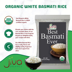 Jiva Organics long-grain basmati; uncooked with extra-long grains.