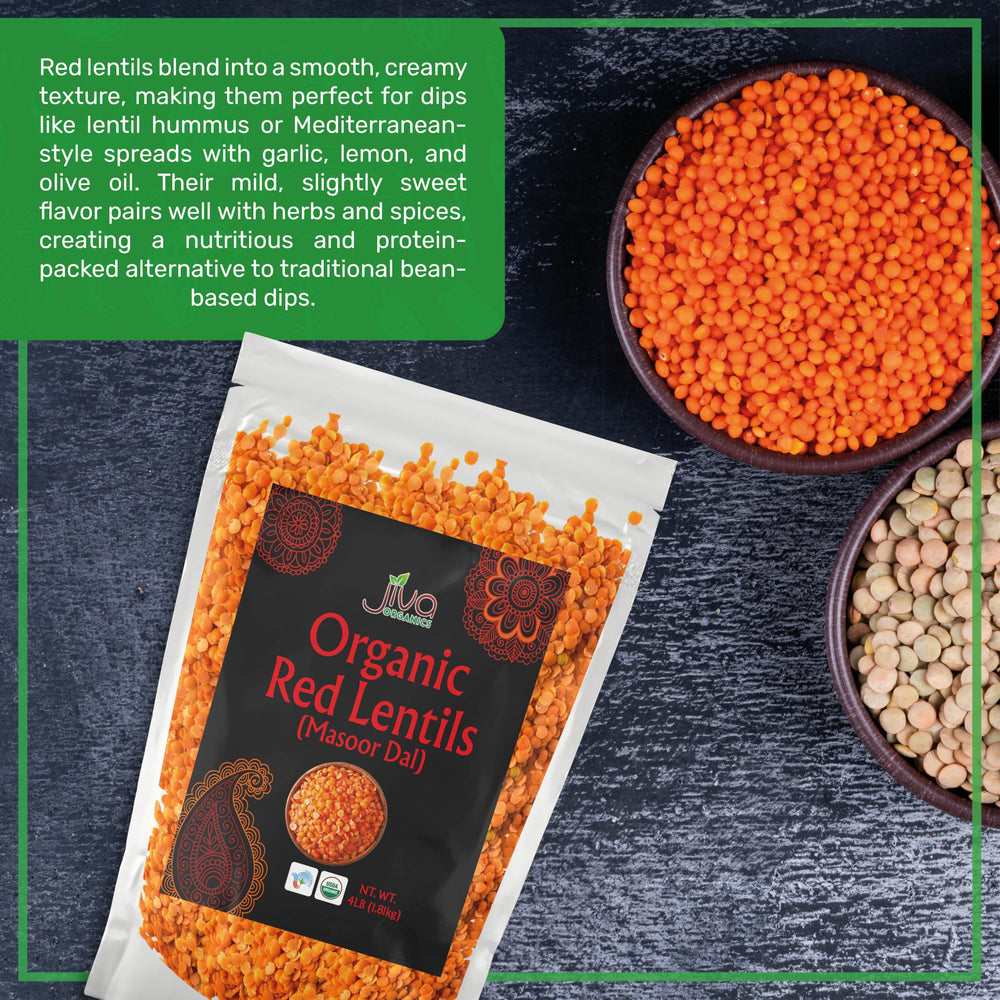 Jiva Organics Masoor Dal 4 lb pack shown for family meals.