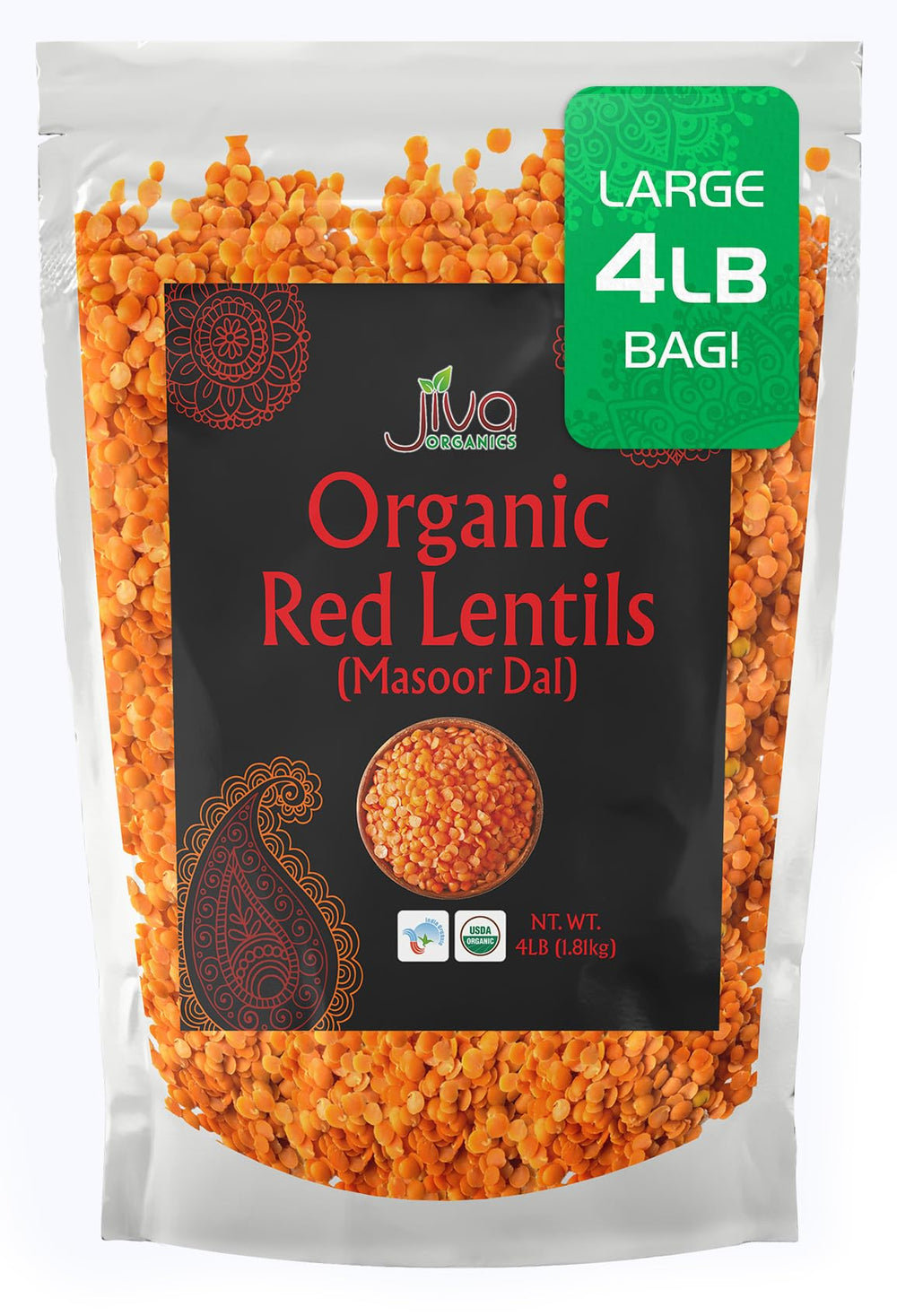 Jiva Organics Masoor Dal bulk bag on pantry shelf for bulk cooking.