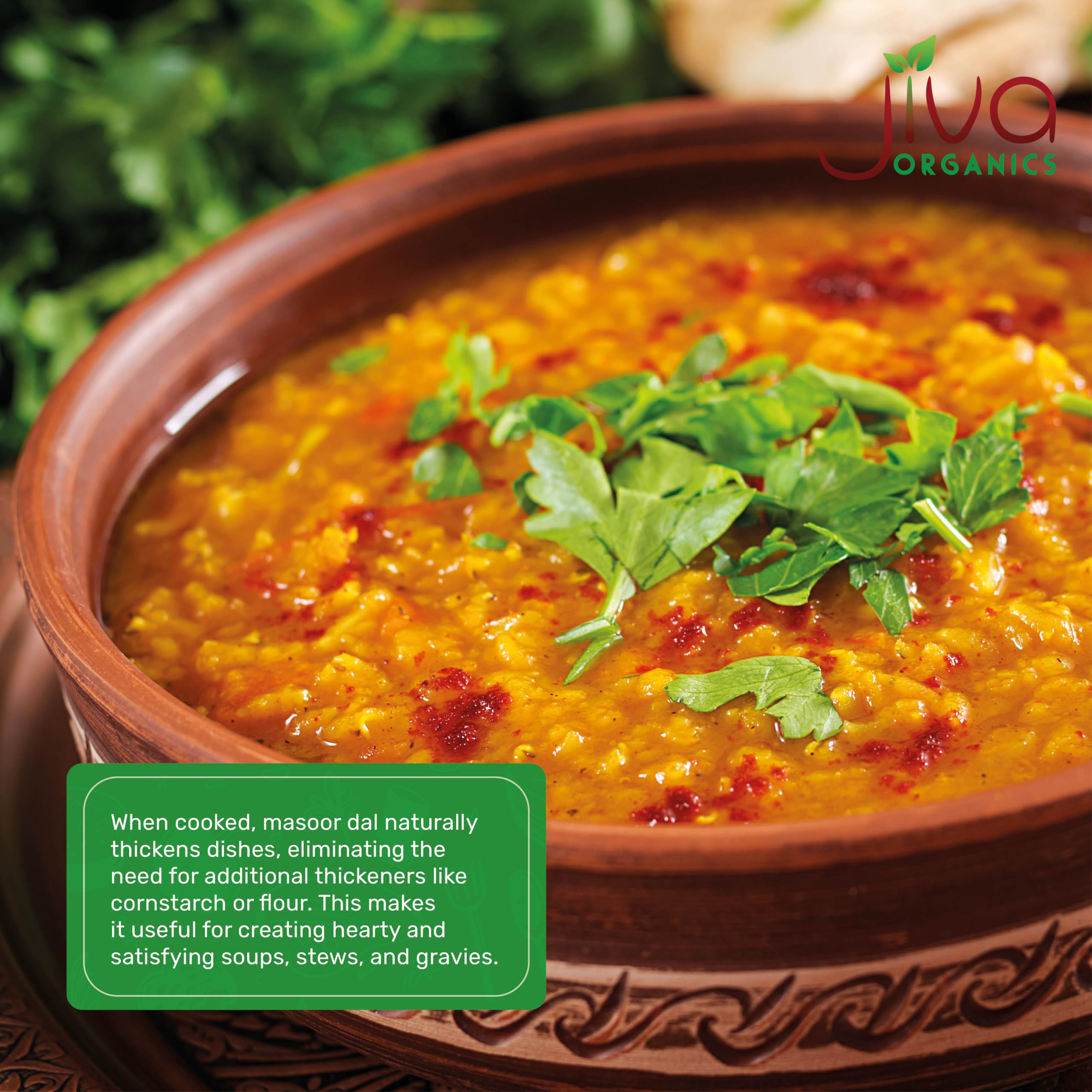 Cooked Jiva Organics Masoor Dal served with rice, showing protein and fiber.