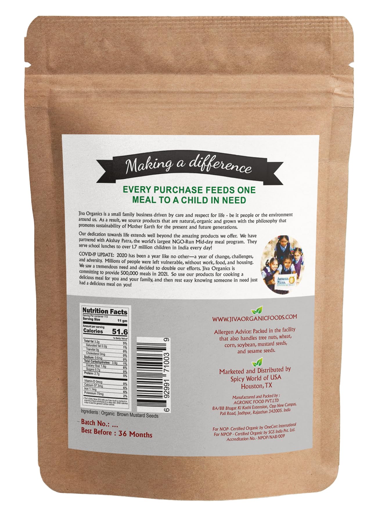 Jiva Organics bulk seeds featured in a meal donation impact page.