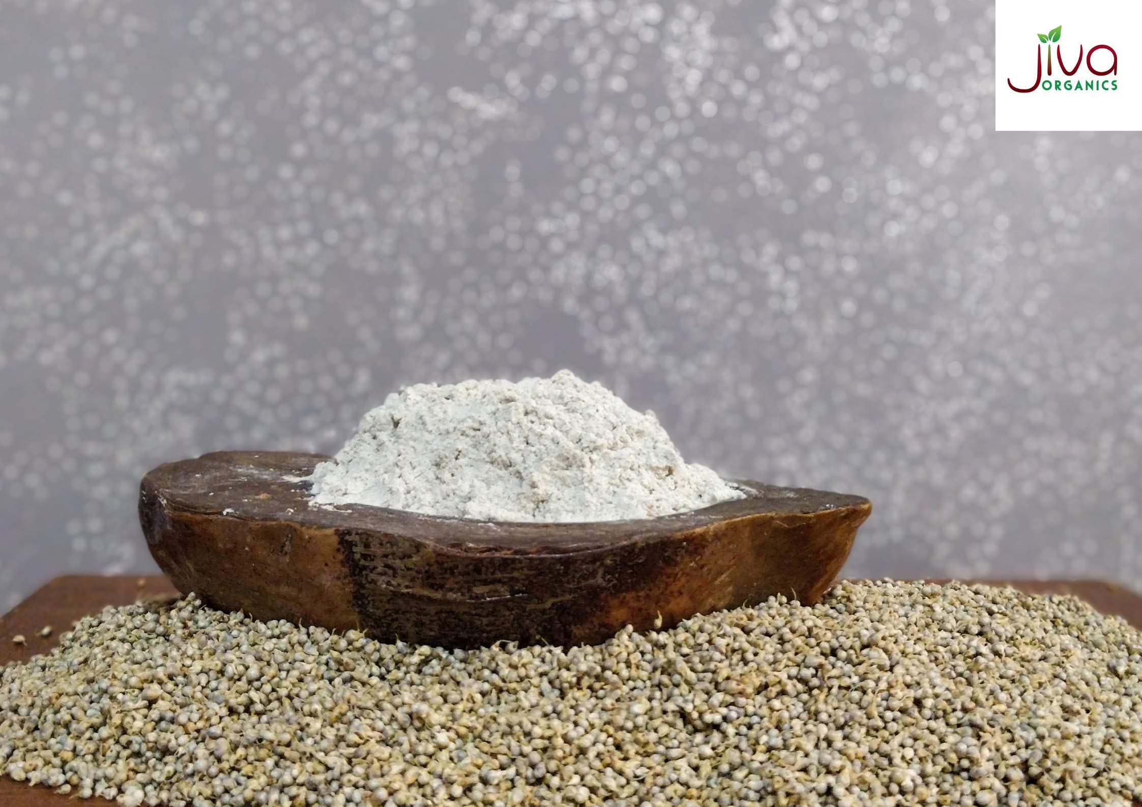 Millet flour packaging on store shelf by Jiva Organics