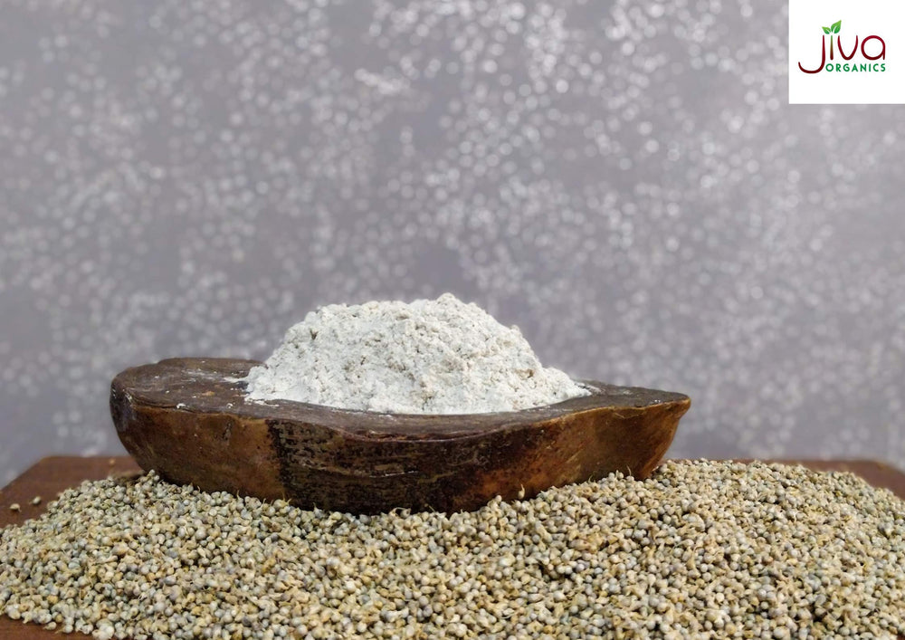Millet flour packaging on store shelf by Jiva Organics