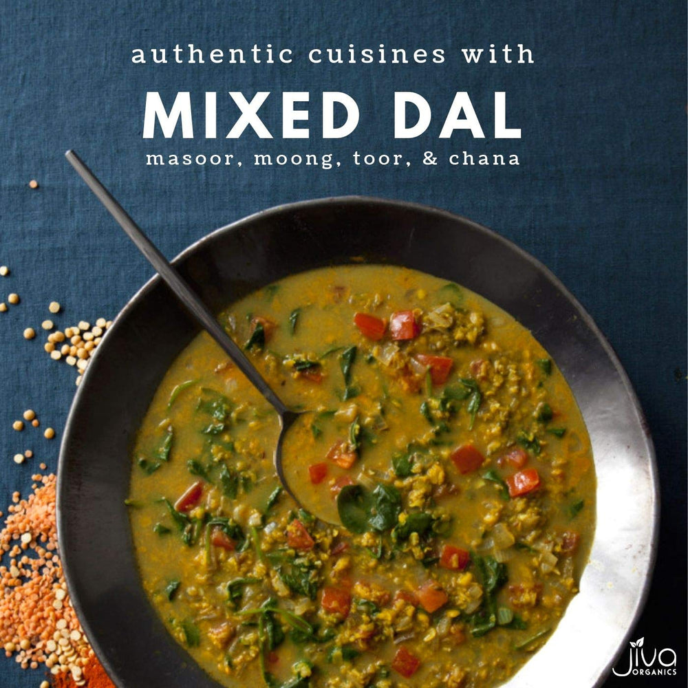 Jiva Organics Mixed Dal ingredient mix of masoor, mung, toor, and chana dals.