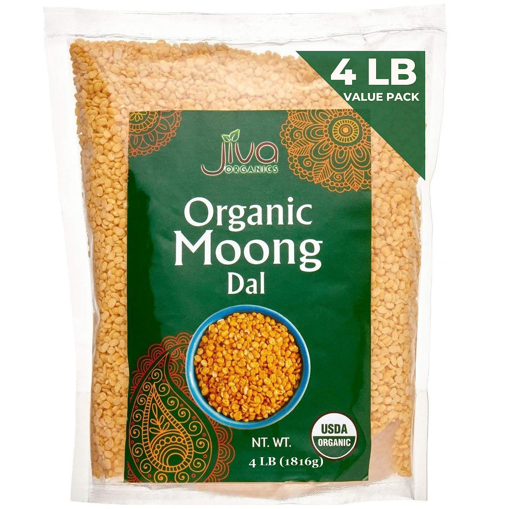 Jiva Organics Moong Dal Yellow 4lb bag on shelf; convenient pantry staple.