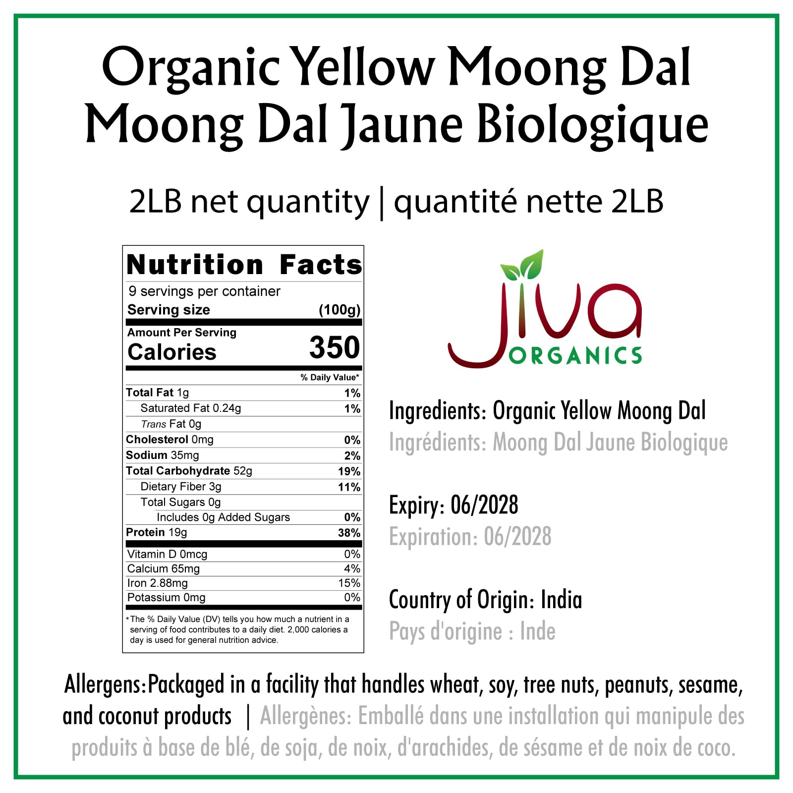 Jiva Organics Moong Dal yellow bag closeup—organic, non-GMO choice for dal at home.