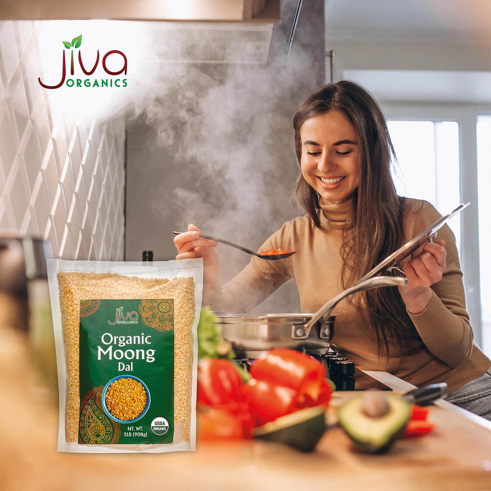 Jiva Organics Yellow Moong Dal in a spice-strewn kitchen—invites flavorful dal variations.