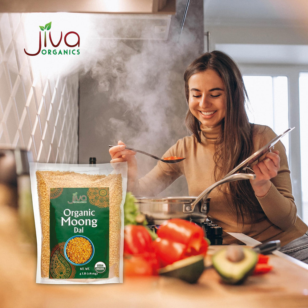Organic label close-up on Jiva Moong Dal Yellow.