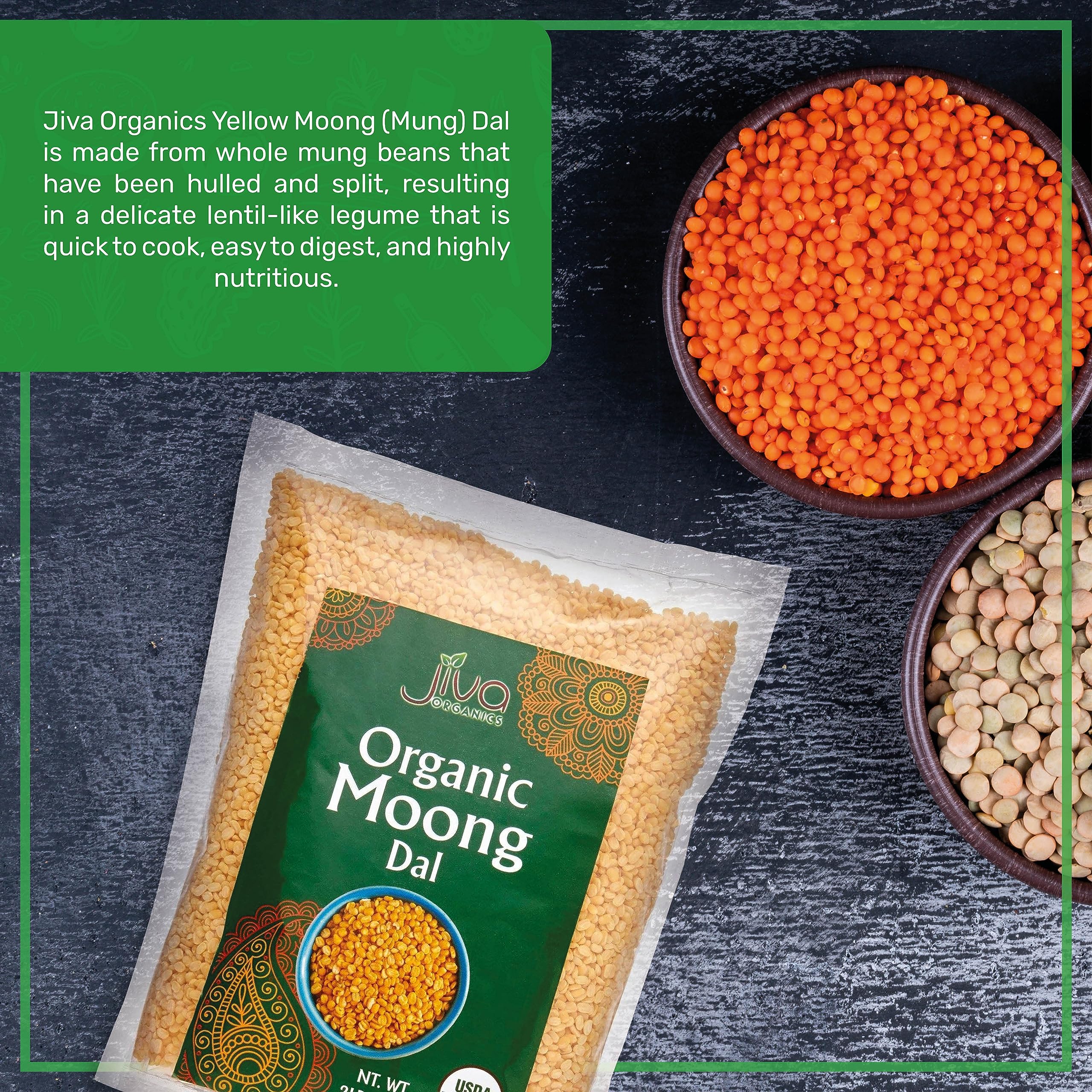Jiva Organics Yellow Moong Dal-lentils on spoon—absorbs spices for flavorful kichari.