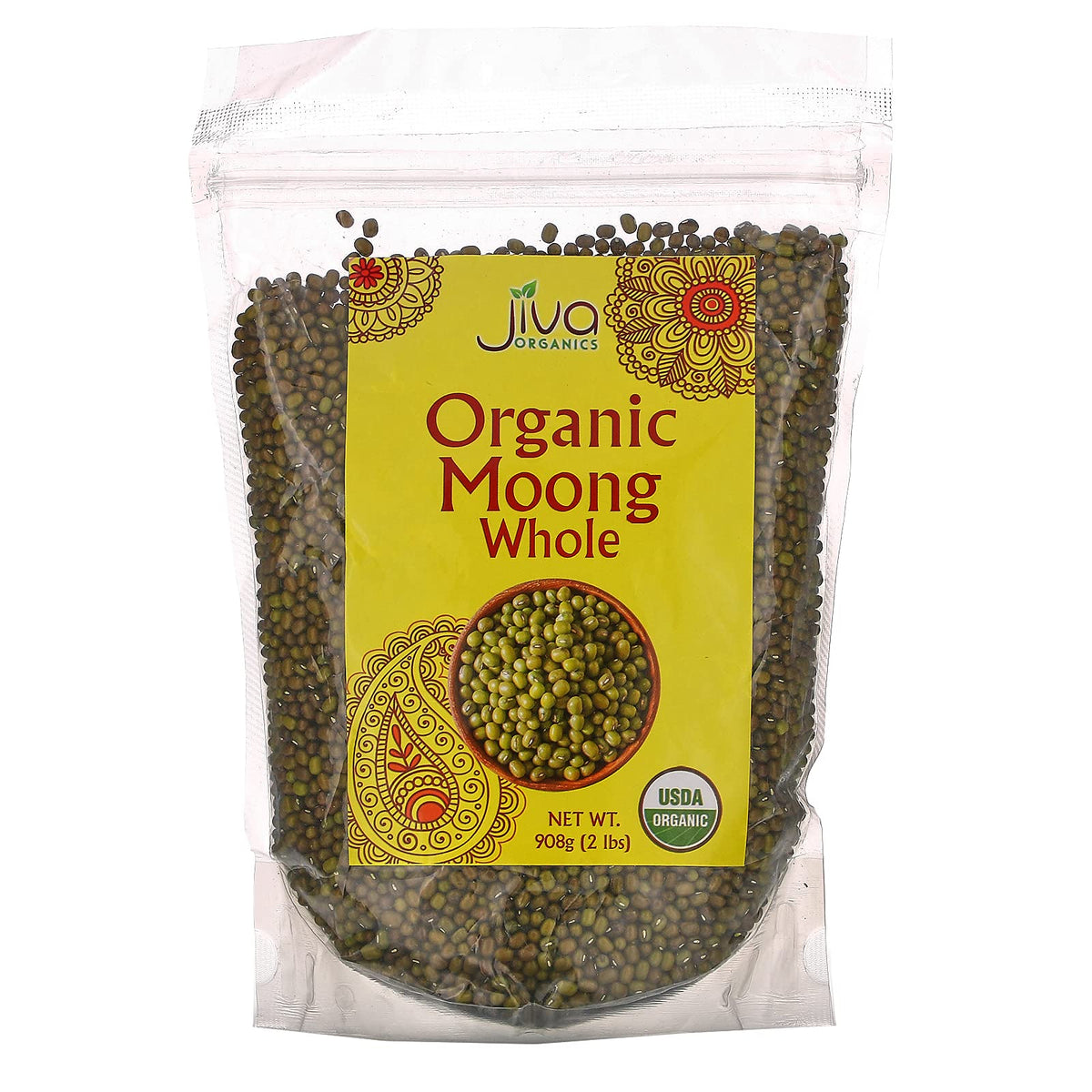 Jiva Organics mung beans in a sealed bag for long-term pantry storage