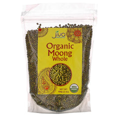 Jiva Organics mung beans in a sealed bag for long-term pantry storage