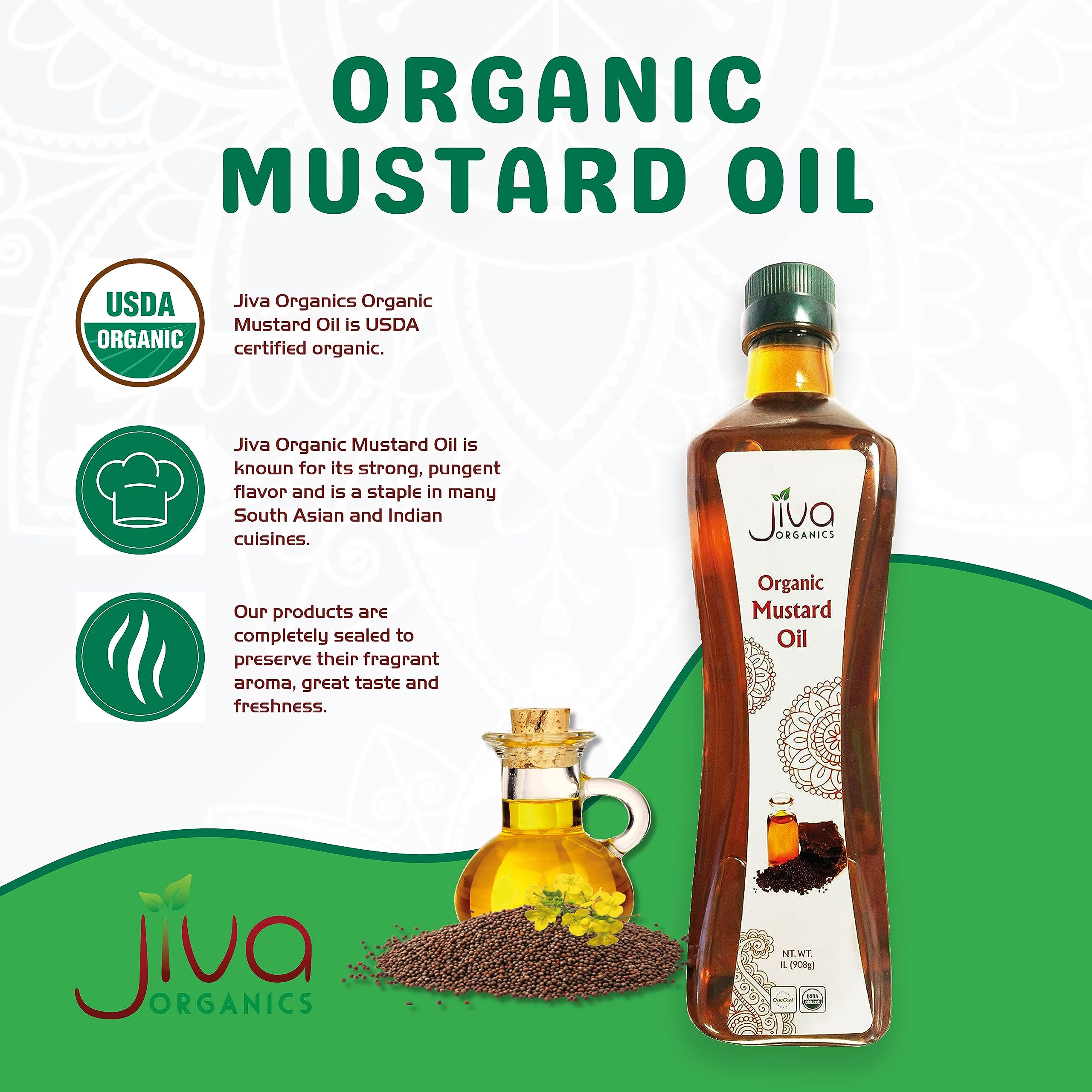 Jiva Organics Mustard Oil label emphasizing organic, non-GMO quality