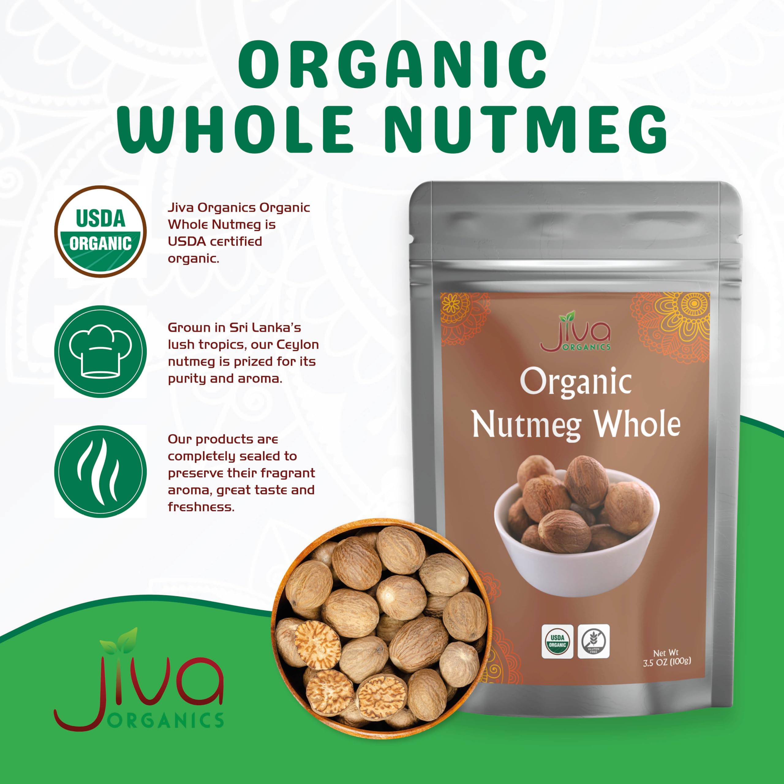 Jiva Organics Nutmeg Freshly Ground for rich flavor in baking.