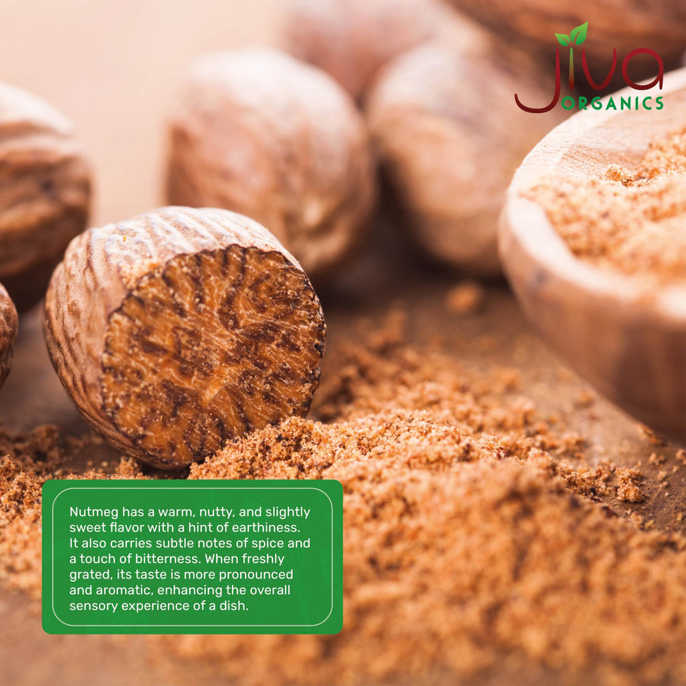 Jiva Organics Nutmeg Baking Spice enhances desserts and pies.