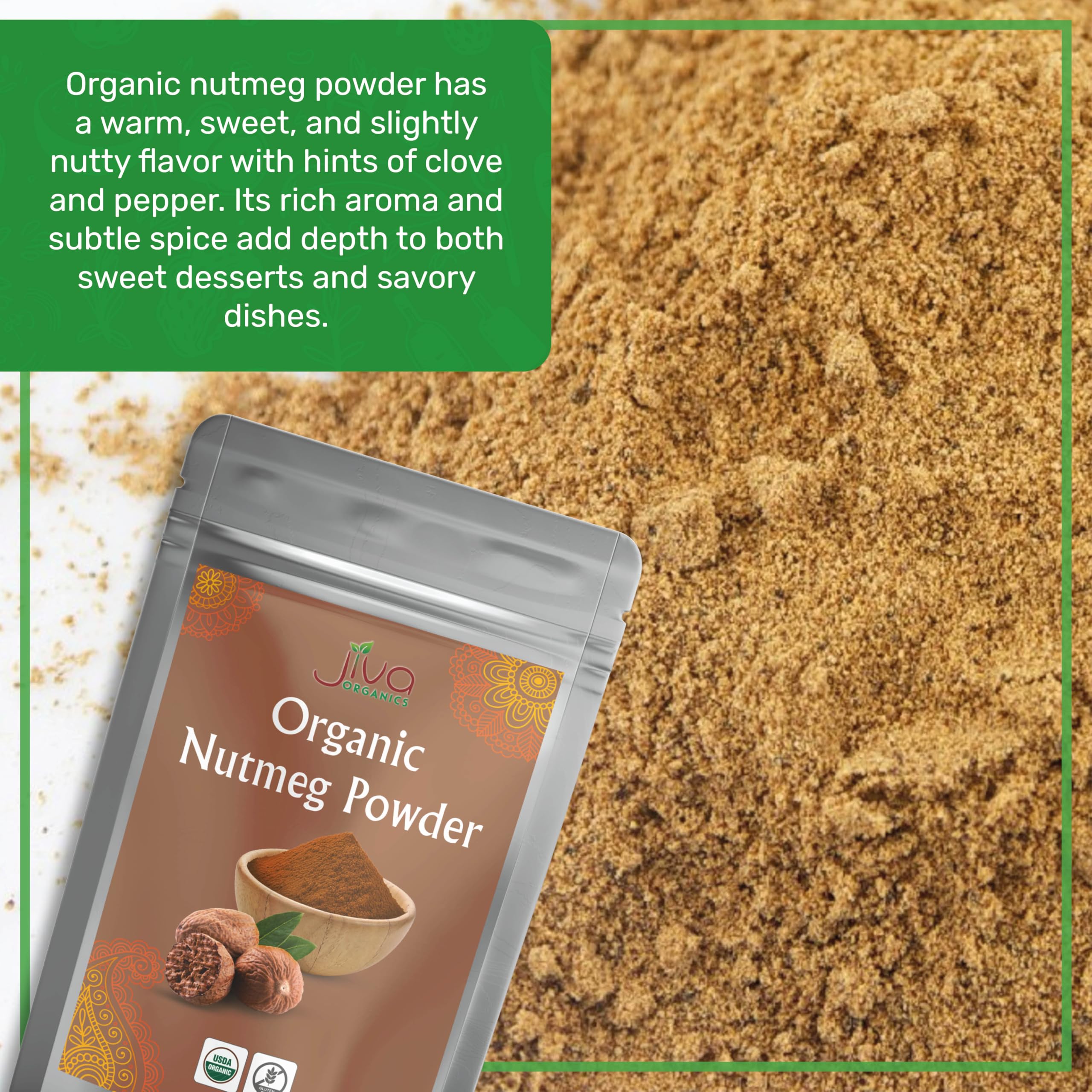Jiva Organics nutmeg powder ideal for latte spice and desserts
