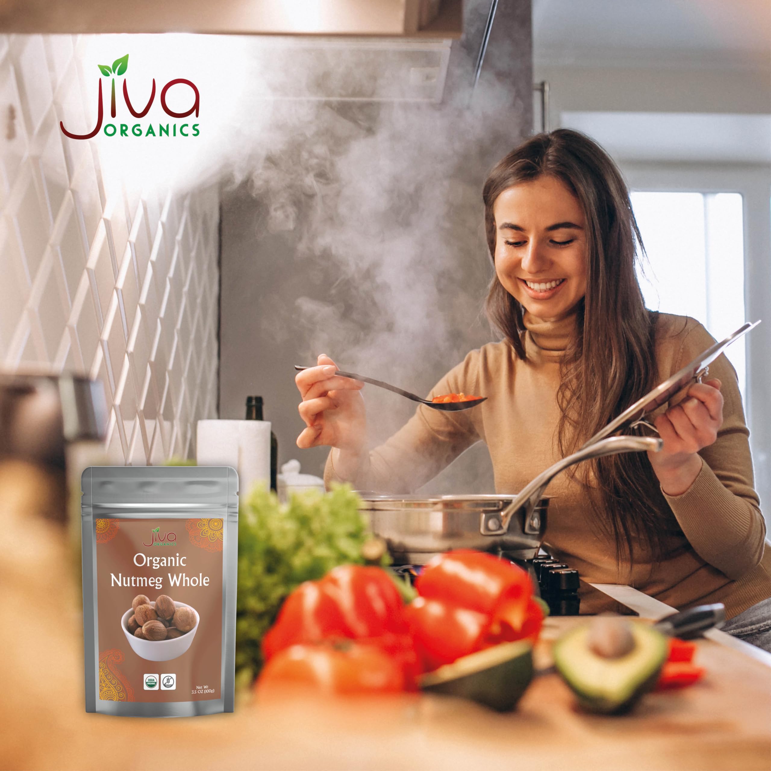 Jiva Organics Nutmeg in Sauce or Soup boosts flavor.