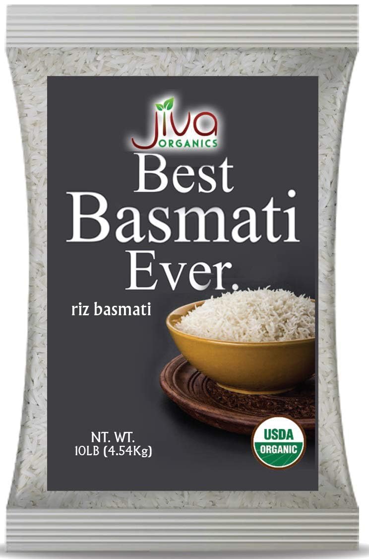 Jiva Organics Organic Basmati Rice 10lb bag with premium long grains.