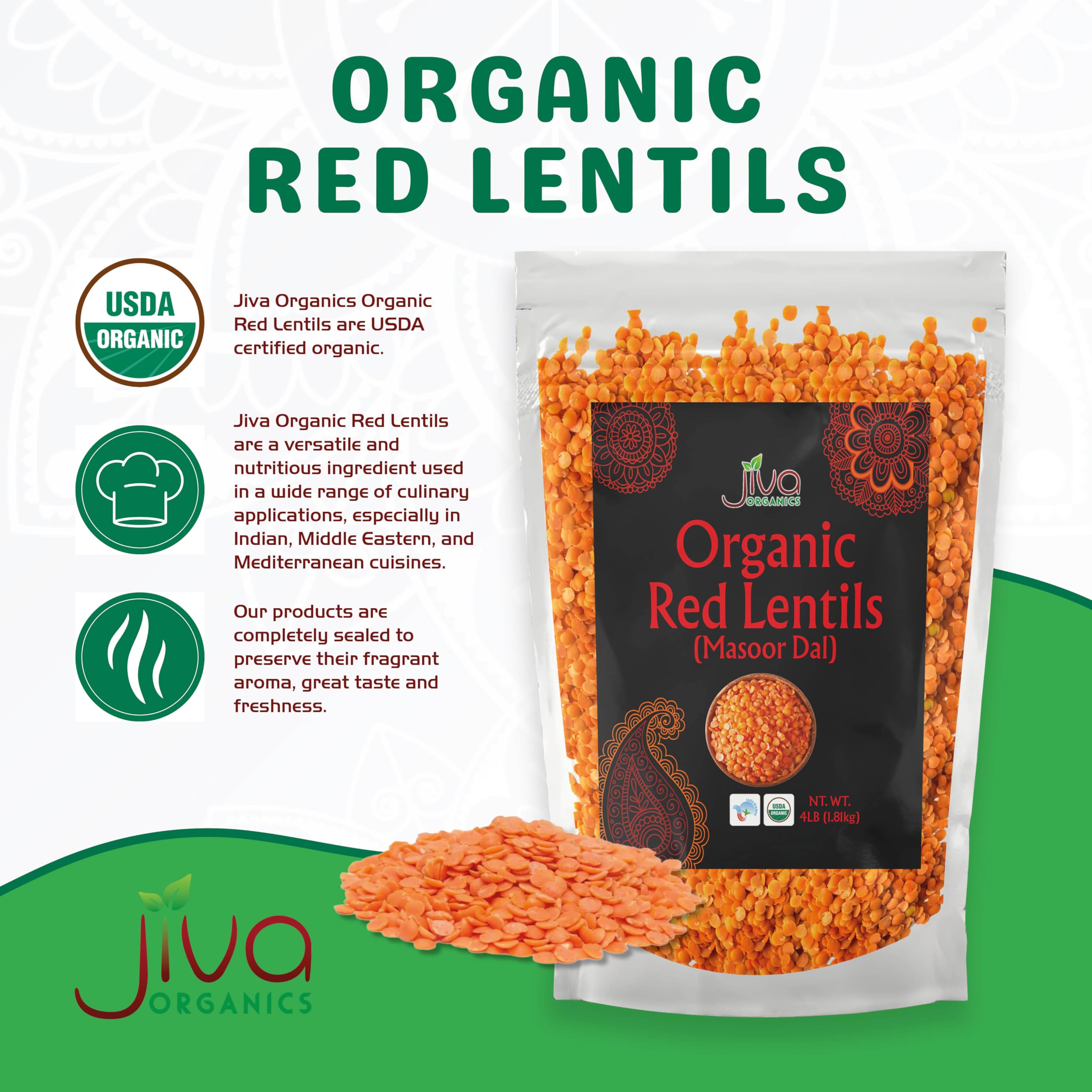 Jiva Organics organic red lentils dry ready for quick rinsing.