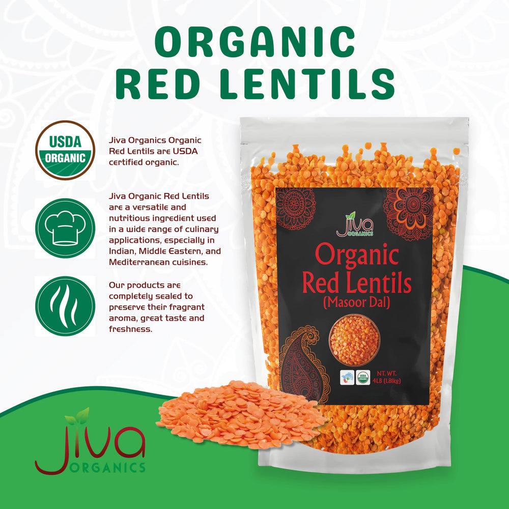 Jiva Organics organic red lentils dry ready for quick rinsing.