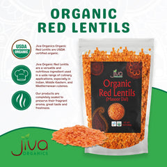 Jiva Organics organic red lentils dry ready for quick rinsing.