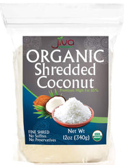Jiva Organics shredded coconut unsweetened in a glass jar for baking.